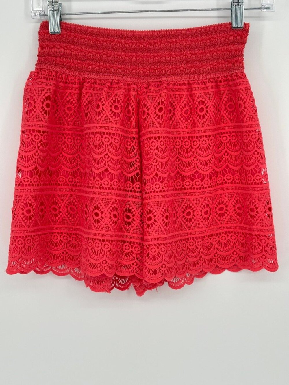 Coral Lace Smocked High Rise Boho Festival Shorts Scalloped Hem Medium Coquette